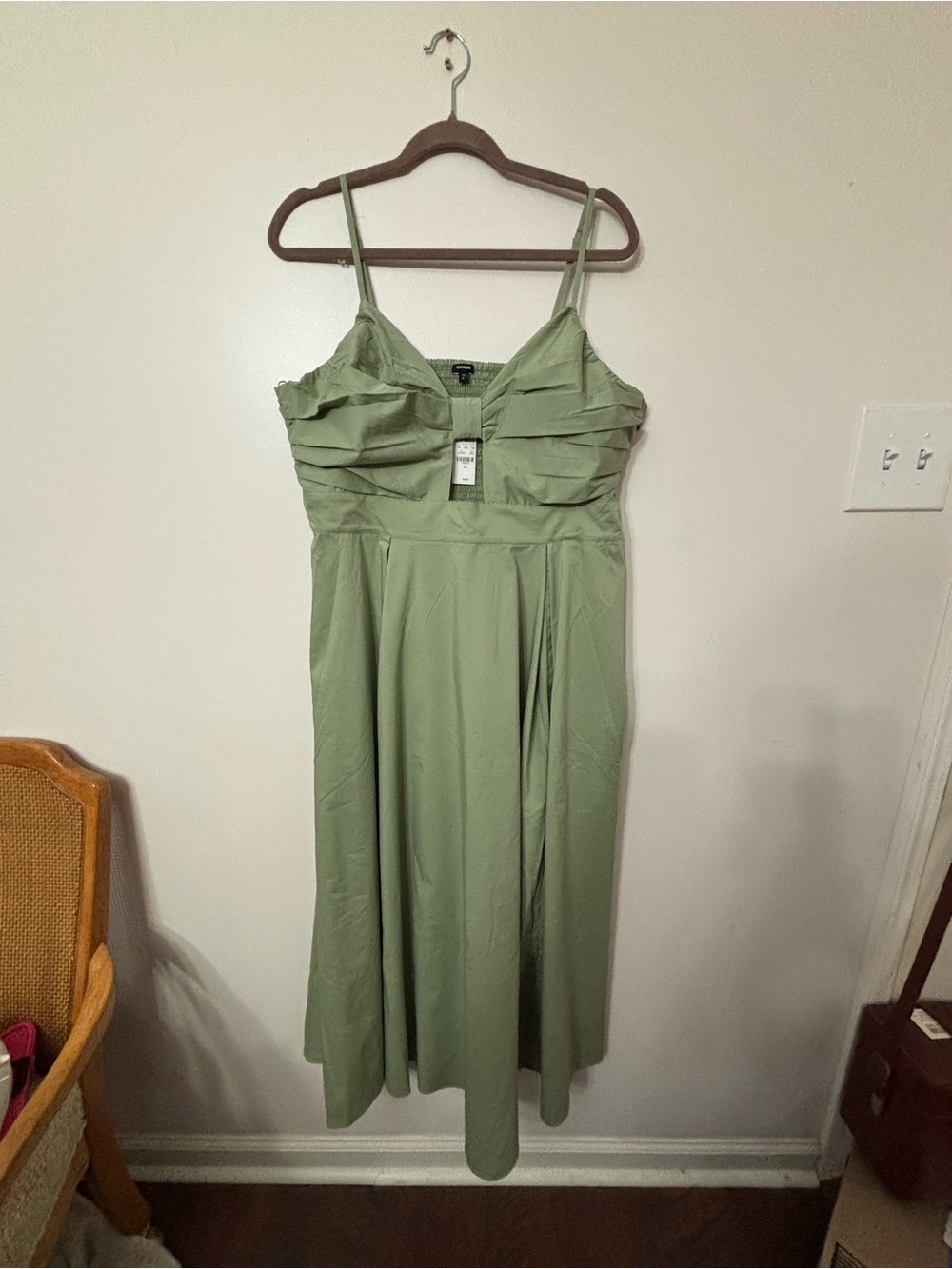 Express Olive Green Midi Dress with Spaghetti Straps